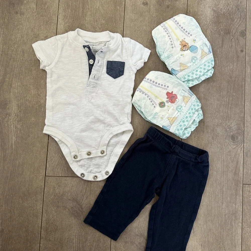 Carters 3 month baby boy matching outfit set and 2 pamper size 1 diapers - Picture 4 of 7